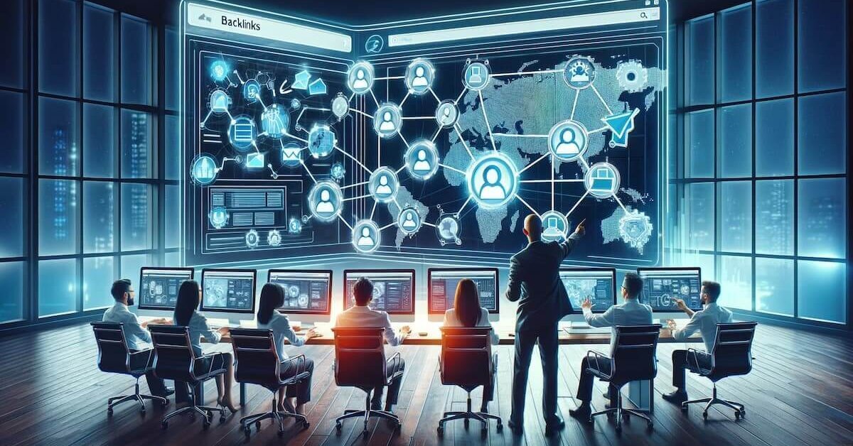 A rectangular image depicting the concept of backlink creation in the digital marketing world. The scene shows a professional digital marketing office, where a team is strategizing and working on computers. The computers display graphics symbolizing website connections and link building, with icons representing different websites and links forming a network. One of the team members is pointing at a large monitor, which shows a flowchart or diagram illustrating the process of creating backlinks, emphasizing strategic planning and execution. The office environment is modern and tech-savvy, reflecting the dynamic nature of digital marketing and SEO strategies.