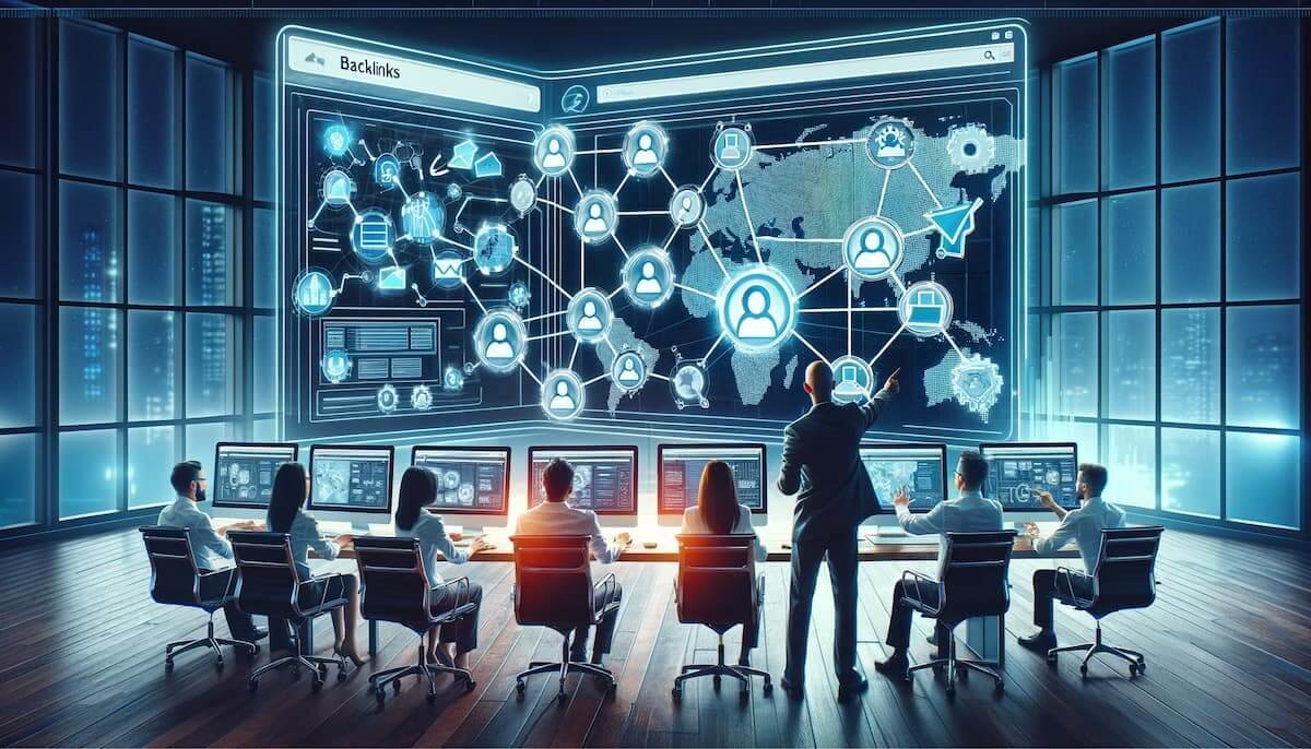 A rectangular image depicting the concept of backlink creation in the digital marketing world. The scene shows a professional digital marketing office, where a team is strategizing and working on computers. The computers display graphics symbolizing website connections and link building, with icons representing different websites and links forming a network. One of the team members is pointing at a large monitor, which shows a flowchart or diagram illustrating the process of creating backlinks, emphasizing strategic planning and execution. The office environment is modern and tech-savvy, reflecting the dynamic nature of digital marketing and SEO strategies.