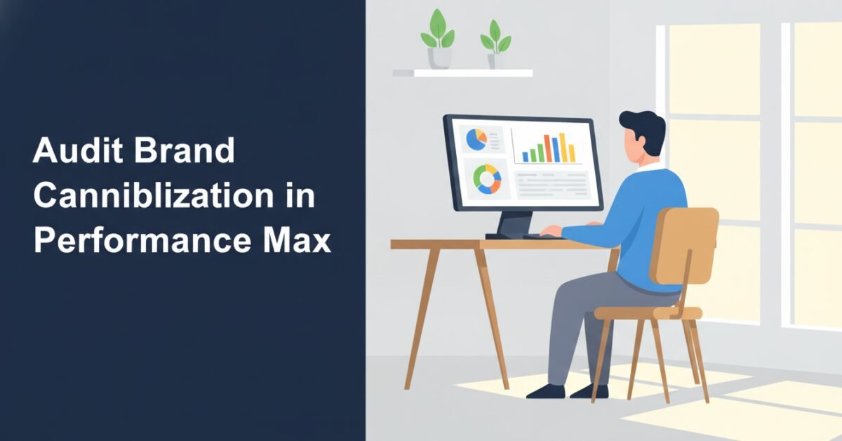 Marketing analyst evaluating Performance Max brand cannibalization and paid search campaign metrics on a screen