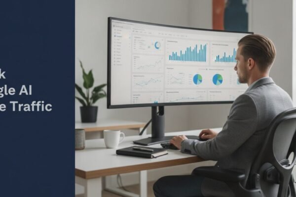 Digital marketing strategist reviewing data charts to track Google AI mode traffic on a desktop screen
