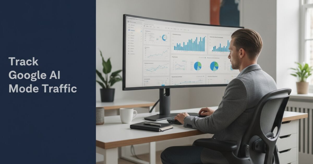 Digital marketing strategist reviewing data charts to track Google AI mode traffic on a desktop screen