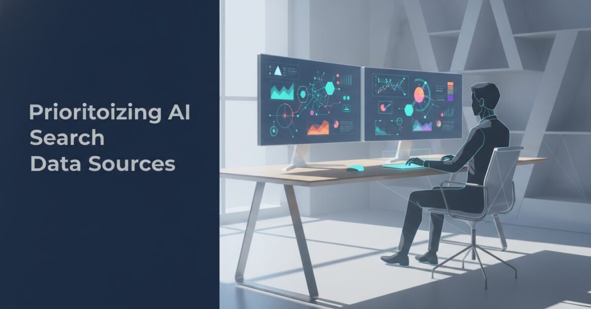 Marketing professional evaluating AI search data sources on a dashboard in a modern office