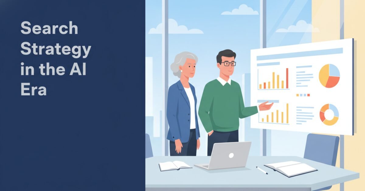 Marketing leaders analyzing performance data to refine their ai search strategy in a modern office