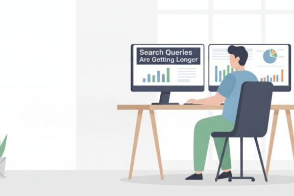 Digital marketing analyst evaluating Google Ads query length trends and conversion metrics on desktop screens.