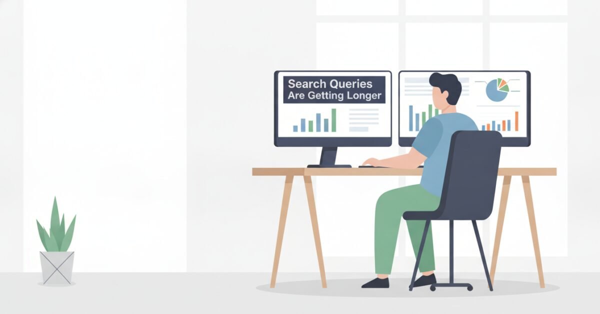 Digital marketing analyst evaluating Google Ads query length trends and conversion metrics on desktop screens.