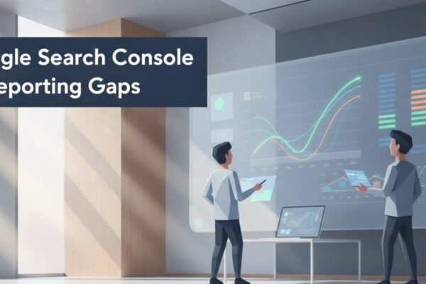 Marketing analysts reviewing Search Console AI reporting performance metrics on a digital display.