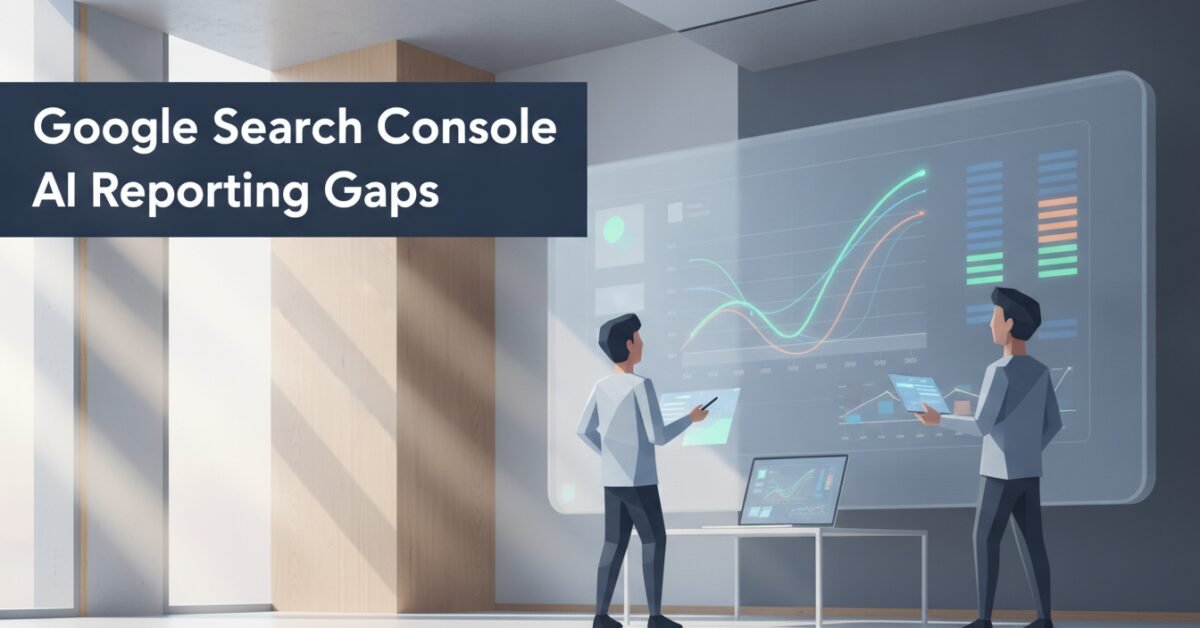Marketing analysts reviewing Search Console AI reporting performance metrics on a digital display.