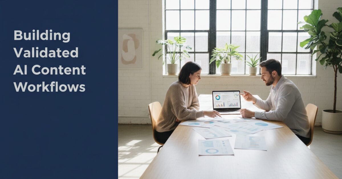 Marketing professionals reviewing primary data to build a validated content workflow for modern search engines.