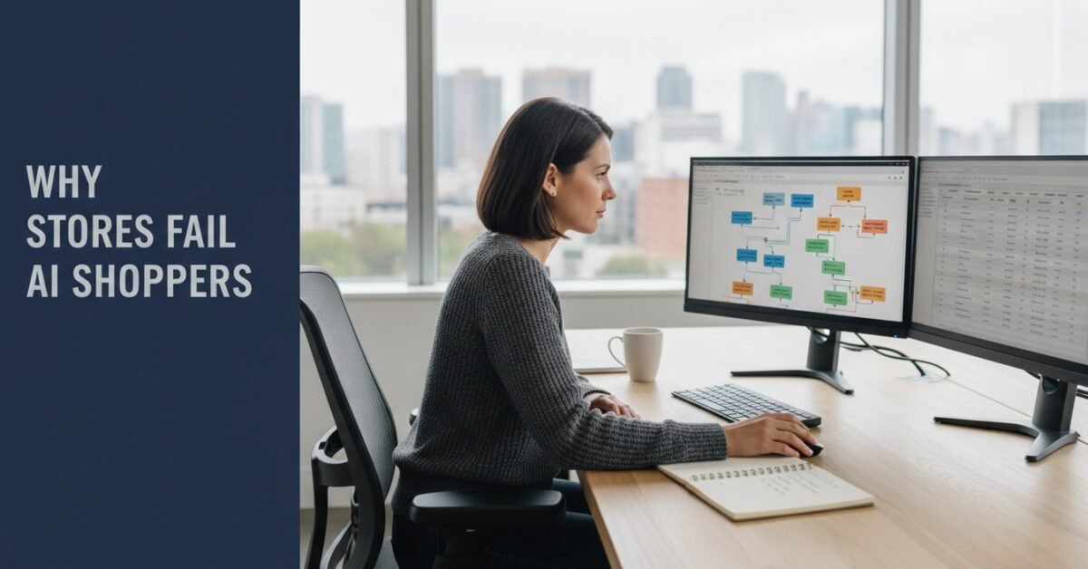 Professional auditing agent ready ecommerce store configurations on modern monitors in a bright office