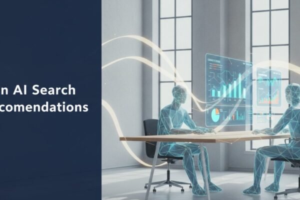 Marketing team reviewing strategic data to improve AI search recommendations on desktop monitors