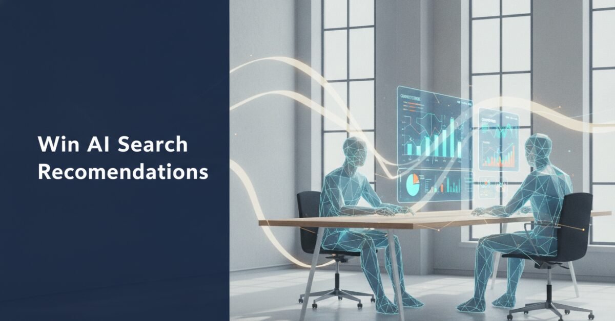 Marketing team reviewing strategic data to improve AI search recommendations on desktop monitors