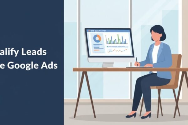 Marketing professional reviewing Google Ads lead scoring metrics on an office desktop monitor