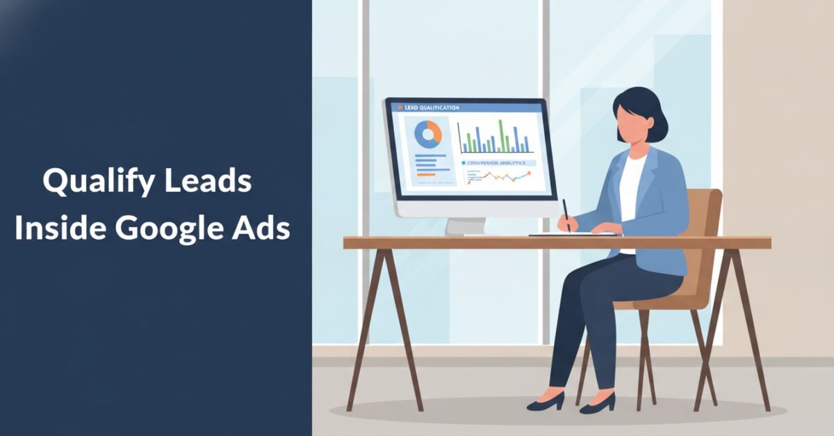 Marketing professional reviewing Google Ads lead scoring metrics on an office desktop monitor