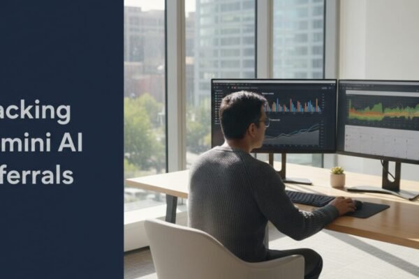 A marketing specialist analyzing AI referral traffic data on a monitor in a bright office