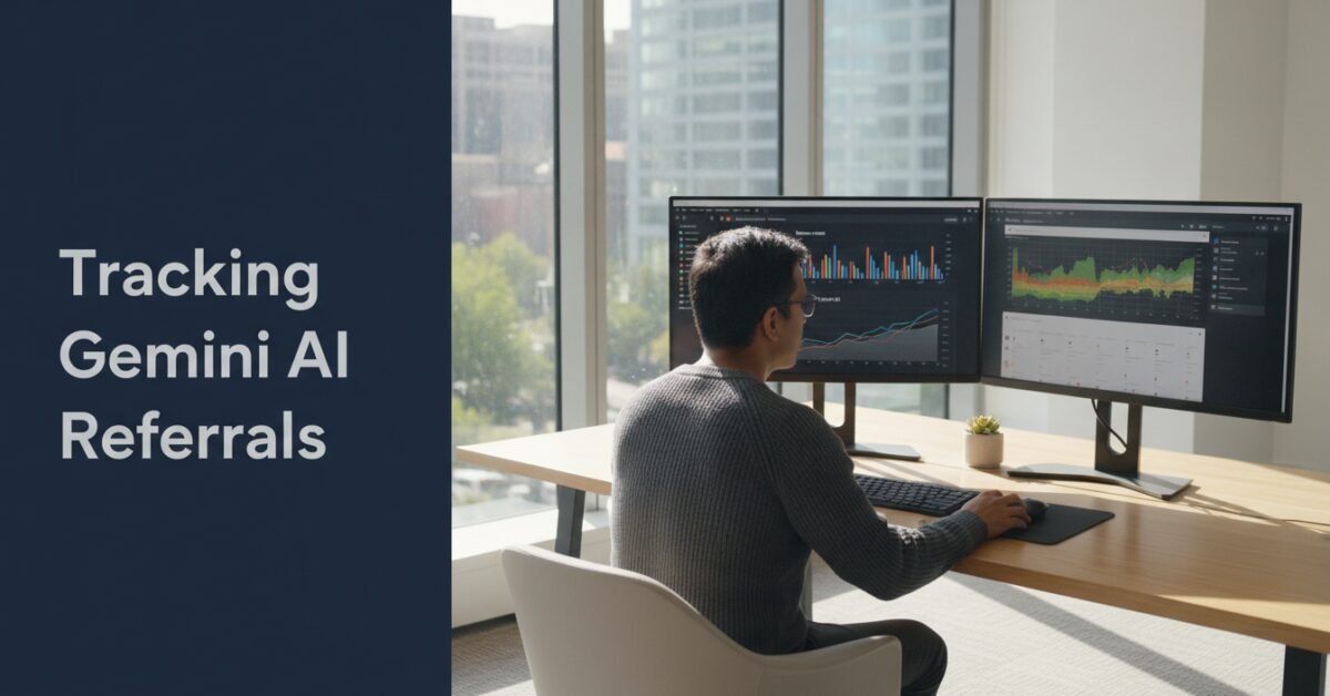 A marketing specialist analyzing AI referral traffic data on a monitor in a bright office