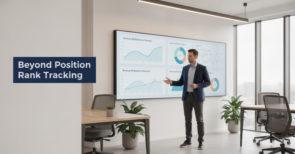 Business strategist reviewing revenue attribution charts illustrating modern SEO measurement metrics.